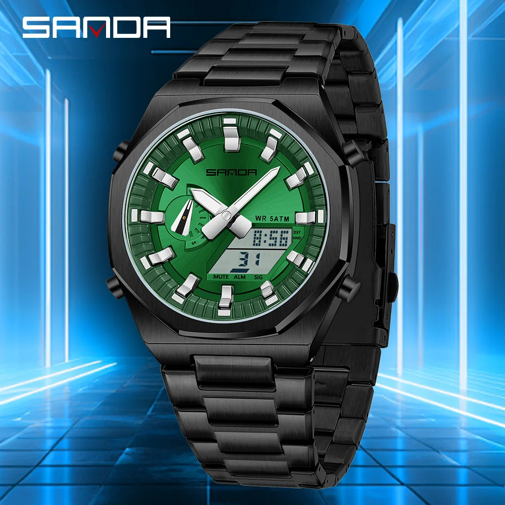 SANDA العلامة التجارية الأعلى 3376 طالب العرض المزدوج ساعة إلكترونية رياضية متعددة الوظائف مقاوم للماء طالب ساعة إلكترونية 2025