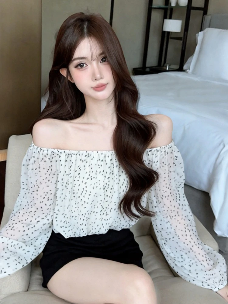 Sexy Retro Leopard Print Bubble Sleeve Chiffon One Shoulder Shirt Short Style Women's Fashionable Spicy Girl Casual Top