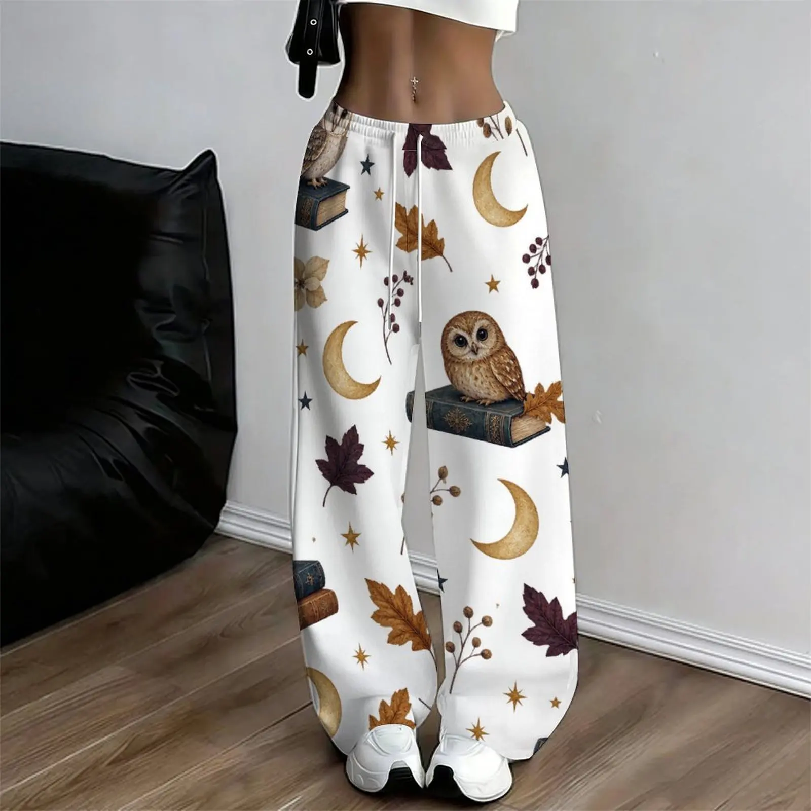 Women White Printed Loose Straight Leg Full Length Pants Owl Moon Star Autumn Leaf Book Pattern Trousers