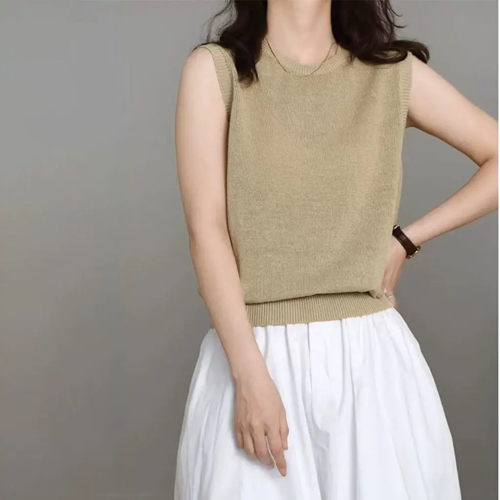 

Women's French Style round Neck Sleeveless Vest Luxury Old Money Pattern Paper Yarn Knitted All-match Slimming Commuter Top