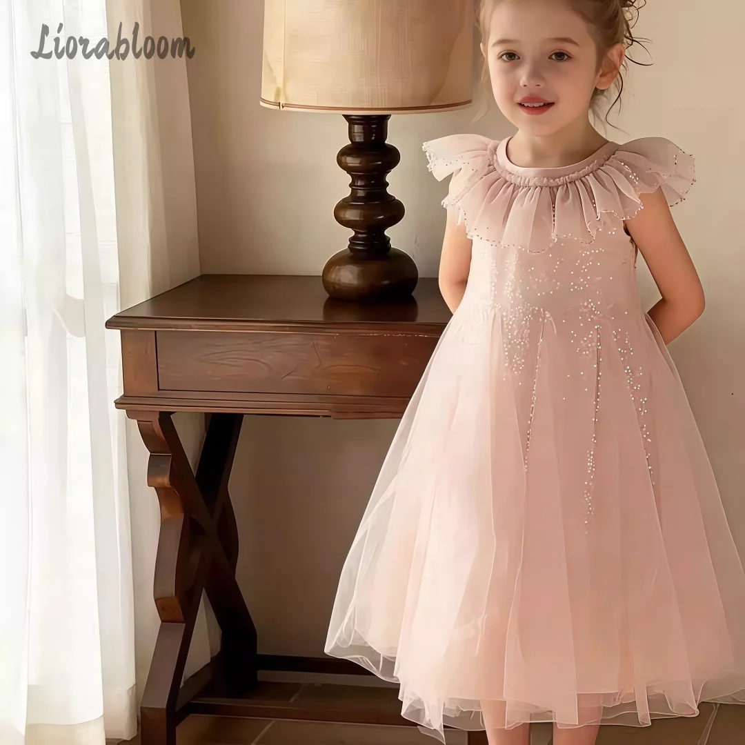Abito in Tulle Rosa per Bambine con Colletto in Pizzo, Vestito da Cerimonia per Damigelle, Abito Formale Stile Principessa, Elegante Vestito Corto