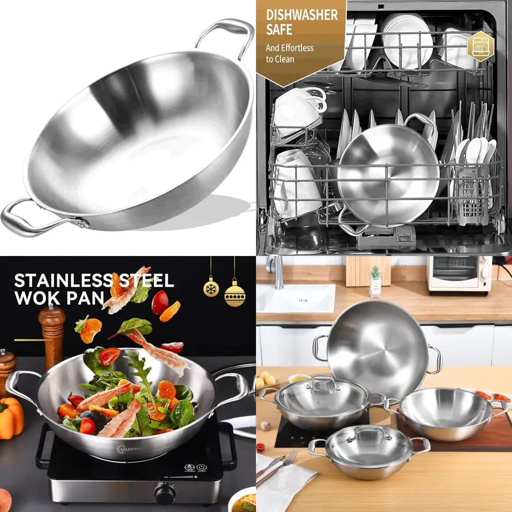 

Large 14.5 Inch Triple-Layer Stainless Steel Chef's Wok with Deep Stir-Frying Capacity, Suitable for Induction Cooking, Oven and