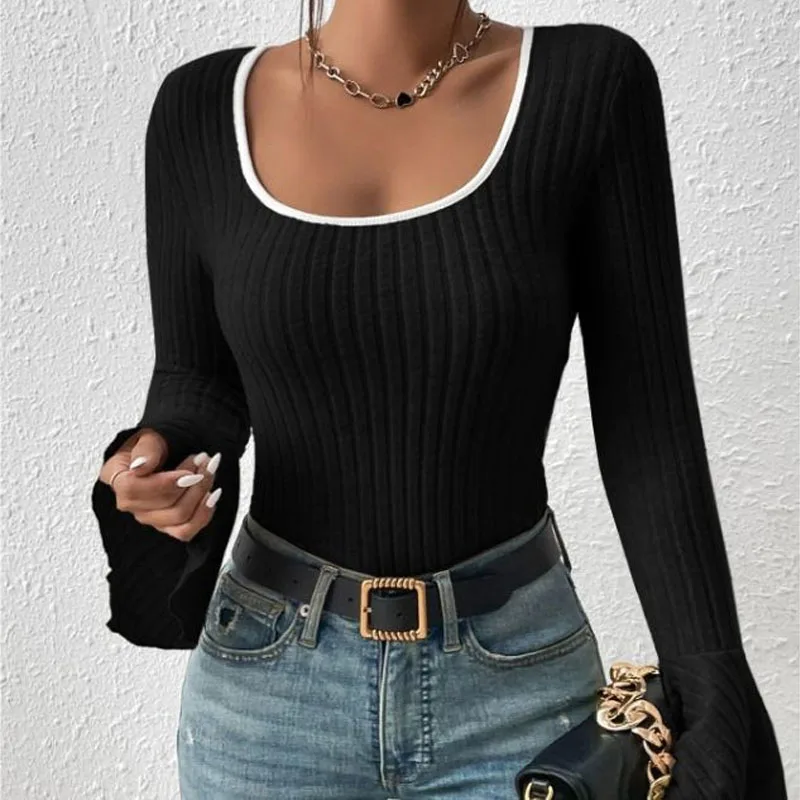 2023 Autumn Women\'s New Fashion Elegant Square Neck Slim Fit Top Contrast Flare Long Sleeve Comfortable Versatile T-shirt