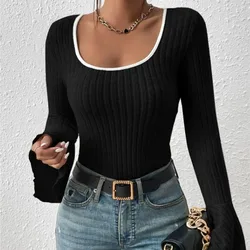 2023 Autumn Women's New Fashion Elegant Square Neck Slim Fit Top Contrast Flare Long Sleeve Comfortable Versatile T-shirt