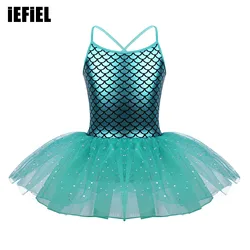 Kids Girls Glitter Mermaid Dress Spaghetti Shoulder Straps Scales Pattern Printed Ballet Dance Gymnastics Leotard Tutu Dress