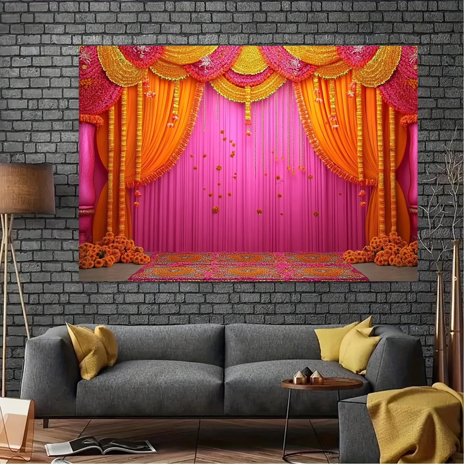 1-teiliger indischer Hochzeits-Polyester-Hintergrundstoff mit rosa Blumenmustern, geeignet für Hochzeits- und Eventdekoration