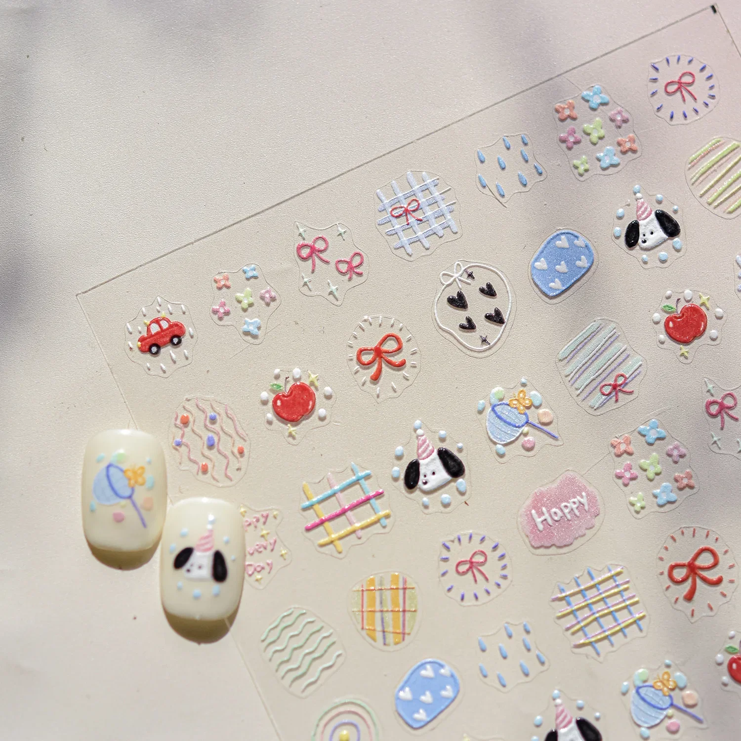 5D Cute Rain Dog Puppy Bowknot Cherry Apple Fruit Tulip Rainbow Cloud Musical Note Star Adhesive Nail Art Sticker Manicure Decal