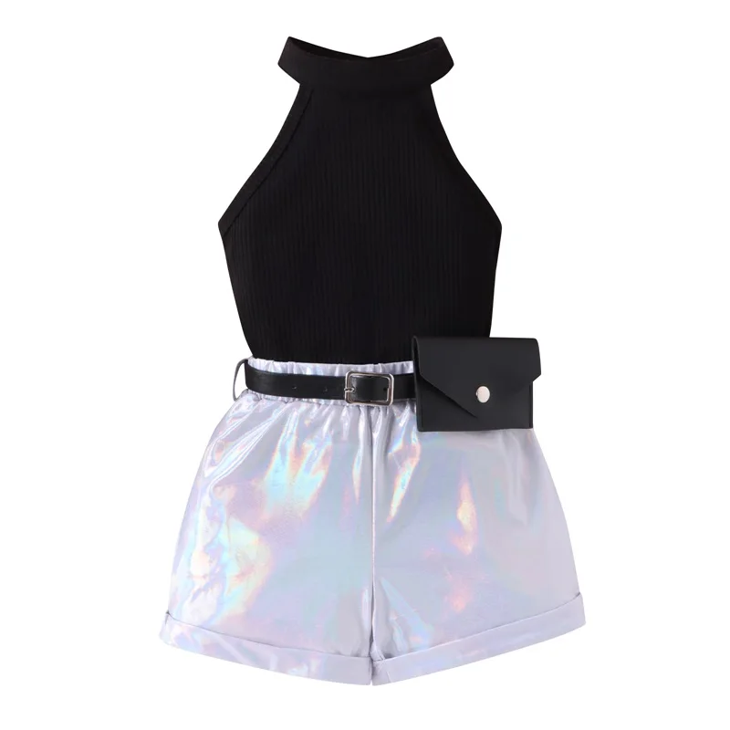 Kind Mädchen Sommerkleid ung Set ärmellose Rippe Strick Neck holder Tops holo graphische Shorts Gürtel 3 Stück Outfits