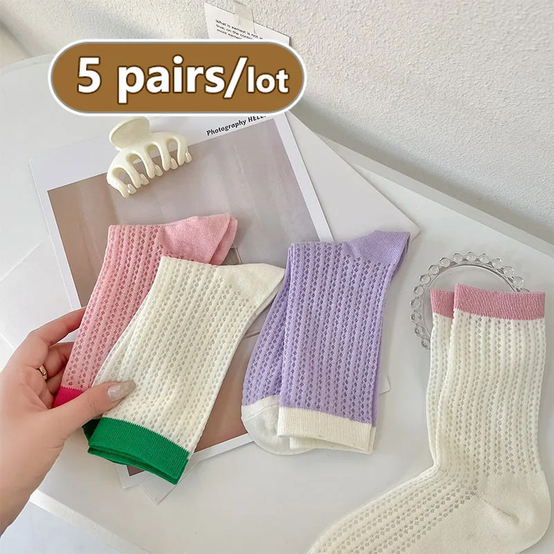 5 Pairs Kawaii Cute Long Socks Women Contrast color Summer Thin Hollow Mesh Breathable Ins Korea Sweet Fashion Pile Socks Set