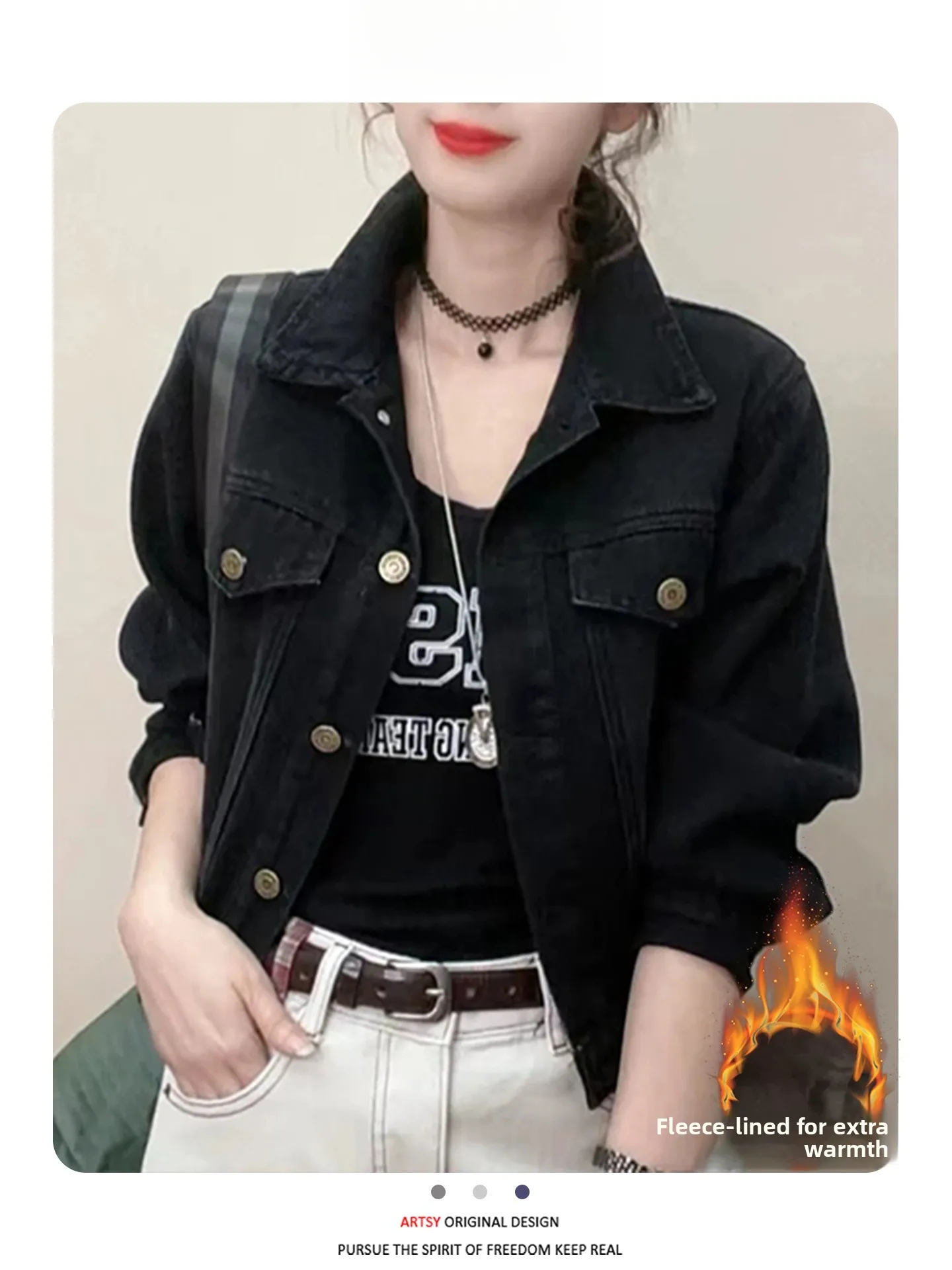 Koreański płaszcz damski z denimu, casualowy, uniwersalny, jesienno-zimowy, modny, ciepły, ocieplany, długi, zapinany na guziki.