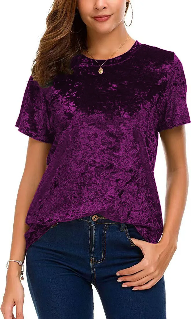 Damen-T-Shirt aus Crushed-Samt in Übergröße, kurzärmelig, Rundhalsausschnitt, lässiges, lockeres Oberteil – Detail 14
