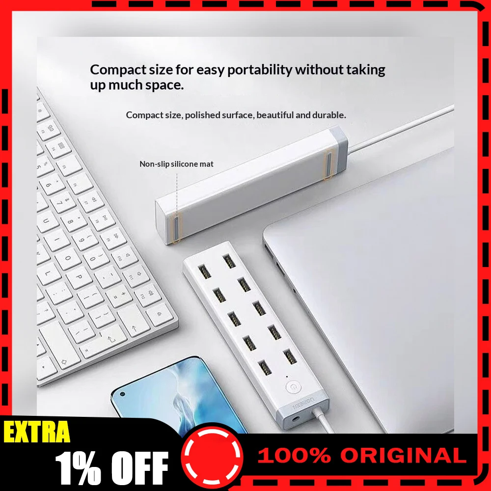 UGREEN 20482 CM421 USB 3.0 Hub 10 Port with 12V 4A Power Adapter 1.5m Cable USB Splitter for Laptop Desktop PC