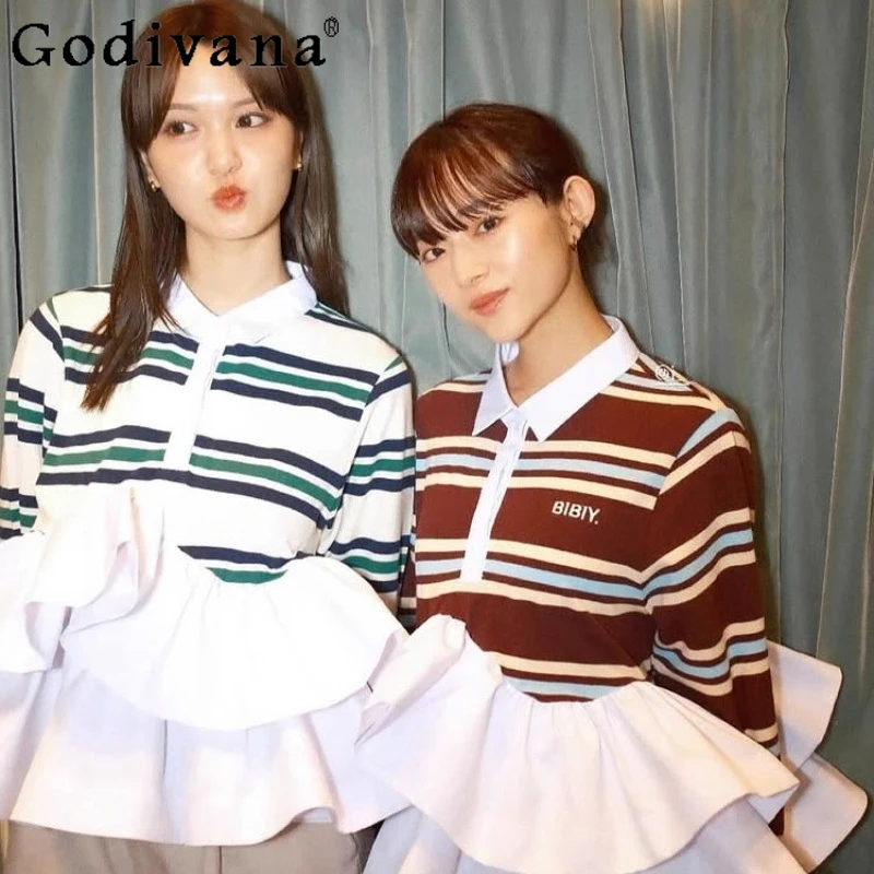 

Japanese Style Sweet Fashion Striped Long Sleeve T-Shirt Girls Women's Letter Embroidery Ruffled Patchwork Polo Collar Top Shirt