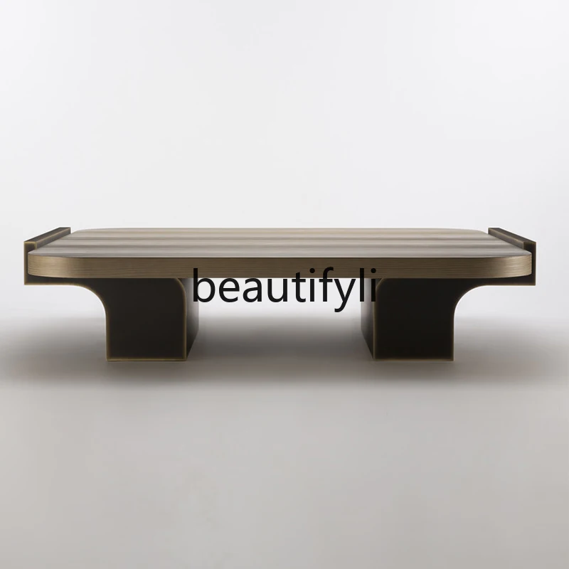 

Modern Light Luxury Living Room Marble Coffee Table Square Rounded Bronze Coffee Table Stainless Steel Tea Table