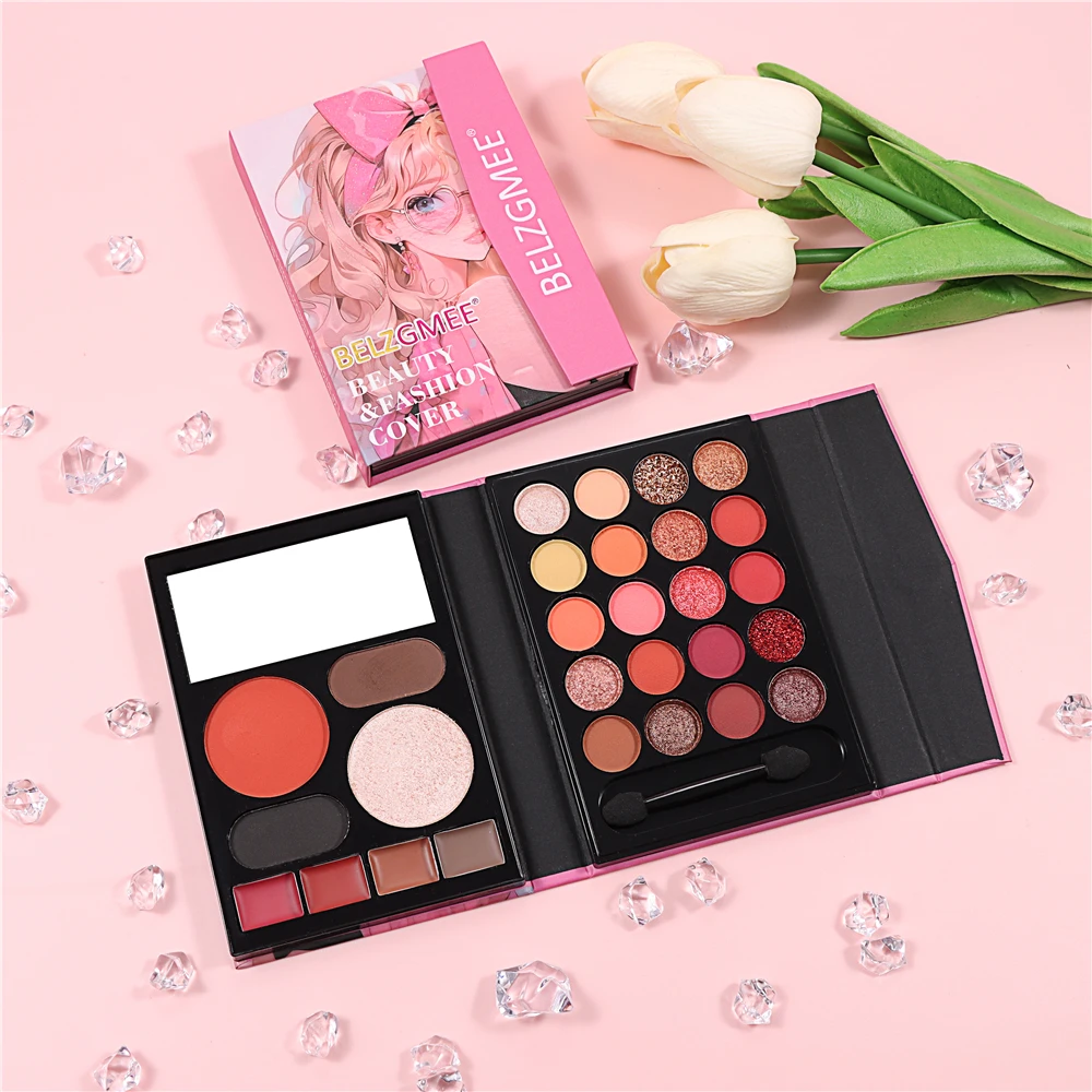 BELZGMEE Cute Girl Matte Eye Shadow Palette with Powder Puff Glitter Eyeshadow Palette Plastic Paper Case Makeup for Eyes 2PCS