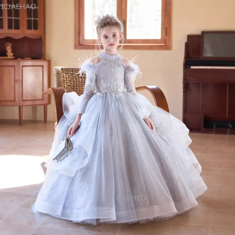 Gray GirlsGown Children Birthday Princess Flower Girl Outfit Elegant Evening Wear Performance Formal Party Long Sleeve Pageant