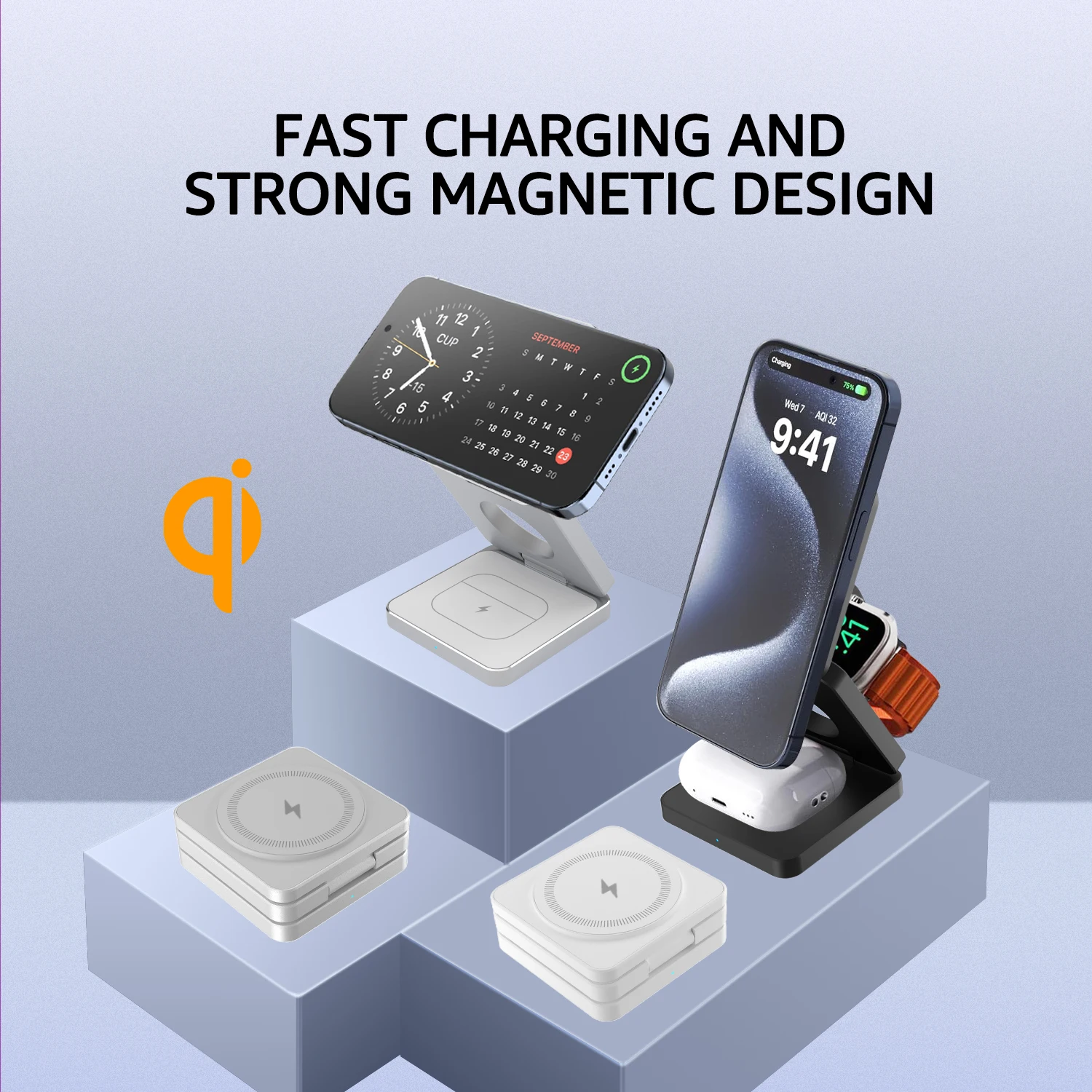 15W 3 in 1 Magnetic Foldable Wireless Charger Fast Aluminum Charging Stand for iPhone 12/13/14/15/16 Mini/Pro/Pro Max