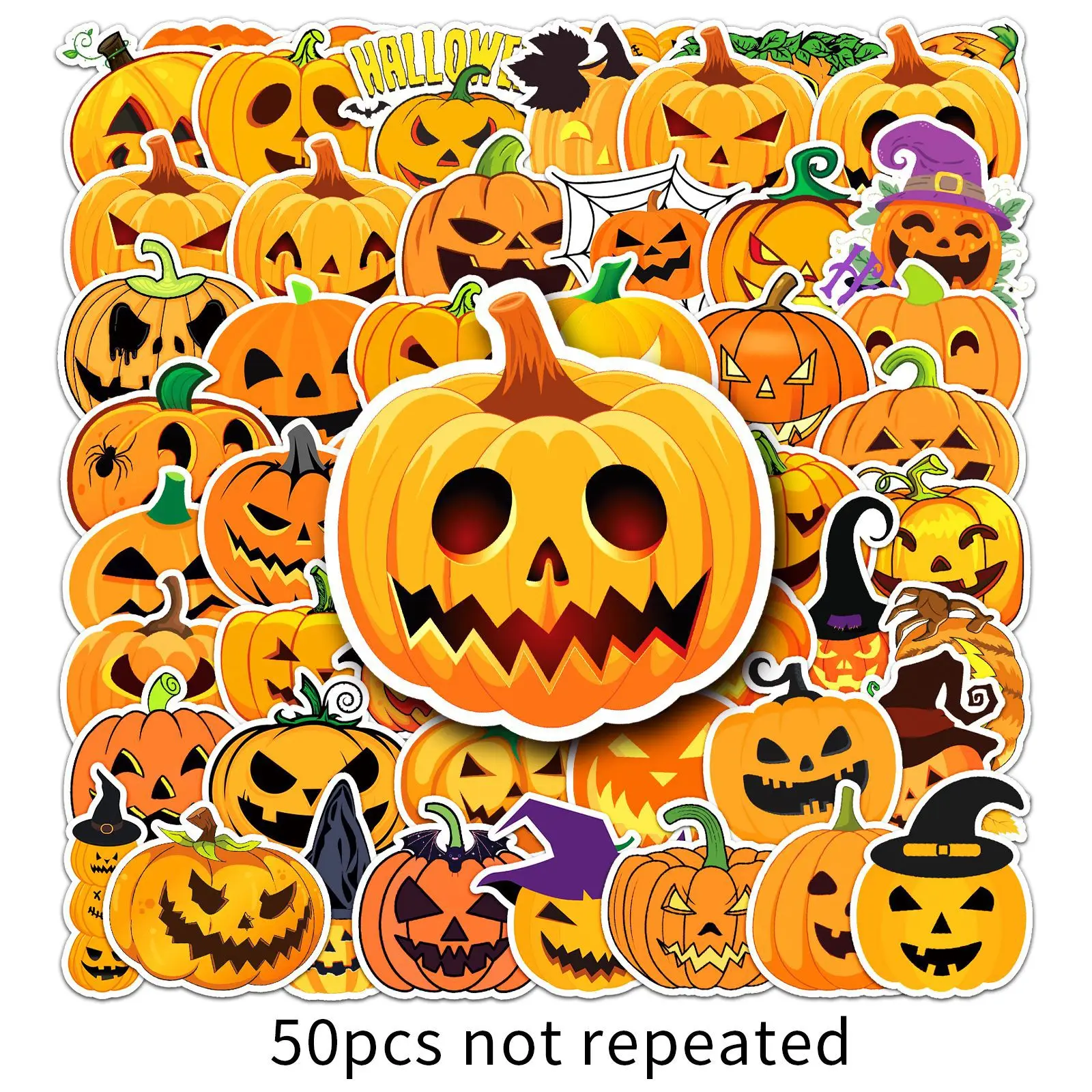 50Pcs/Set Halloween Pumpkin Stickers PVC Waterproof Pumpkin Lantern Vinyl Decals for Laptop Water Bottle Party Decor