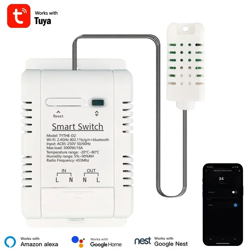 Tuya WiFi Switch 16A 3000W تحكم لاسلكي مع مراقبة استهلاك الطاقة درجة الحرارة والرطوبة ترموستات Alexa
