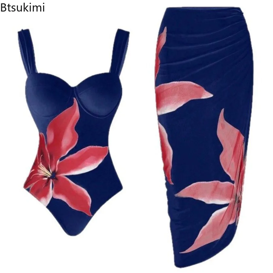 Women's One Piece Swimsuit Floral Printed Style Slim Fit Sexy Beach Skirt Bikini Sets Hot Spring Swimwear Set Bathing Suit New