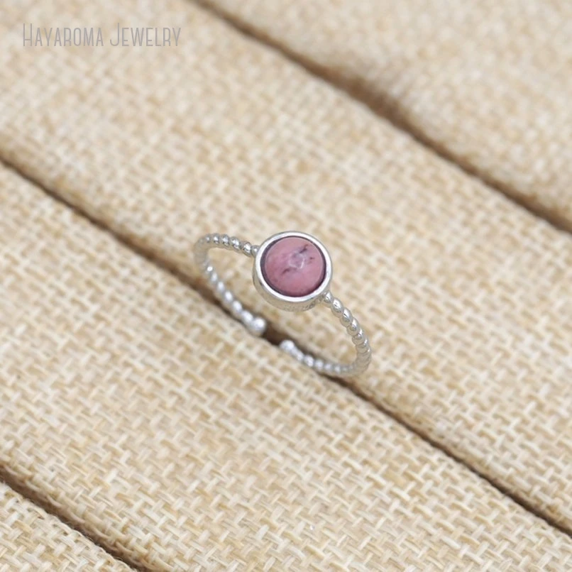 10Pcs Silver Color Wholesale Round Coin Shape Circle Semi-precious Stone Rhodonite Ring RM51207