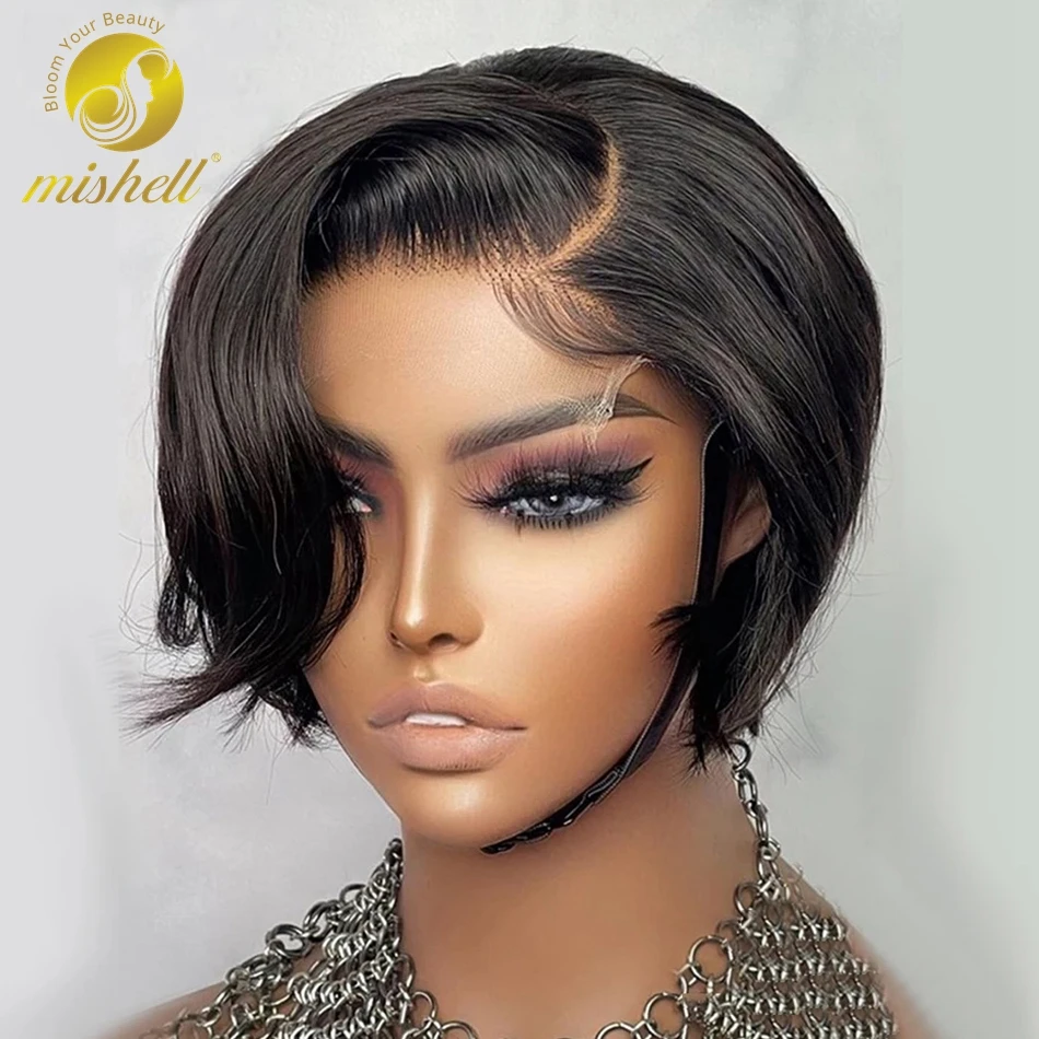 

Short Straight Bob Pixie Cut Wig Natural Human Hair Wigs 13x1 T Part Transparent Lace Wig For Black Women Colored Remy Hair
