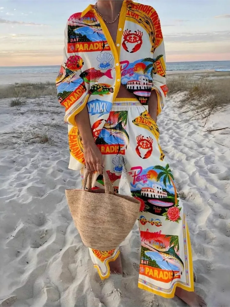 موضة التلبيب كم طويل واحدة الصدر قميص علوي + السراويل 2 قطعة مجموعة المرأة شاطئ البحر عطلة نمط طباعة دعوى أنثى عادية #2