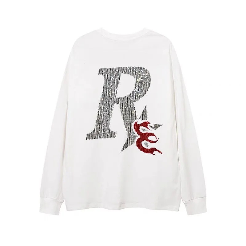 2026 Spring Autumn New Men's American Street Hip Hop Loose Casual Black White Rhinestone Round Neck Long Sleeve T-Shirt