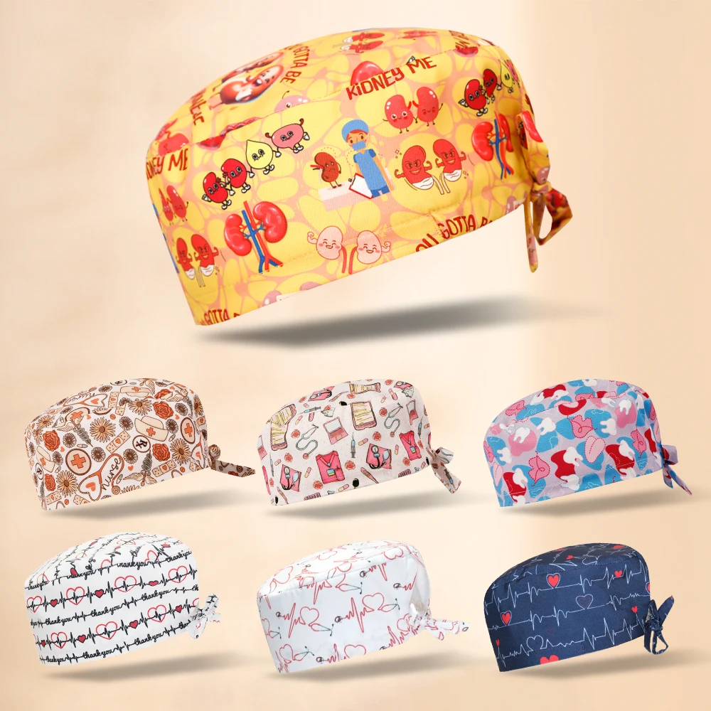 Heart Print Men's Scrub Cap Health Service Working Hats Adjustable Stretch Dental Caps F1183