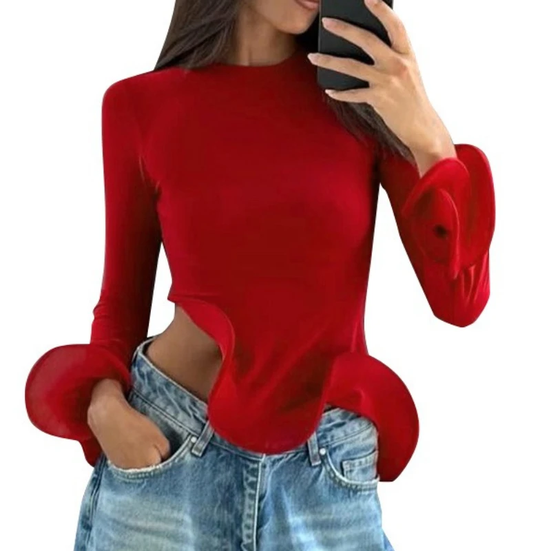 

2025 New Summer Women's Autumn 3D Curled Ruffle Edge Round Neck Long Sleeve T-Shirt Streetwear Crew Neck Ladies Fashion Clothing