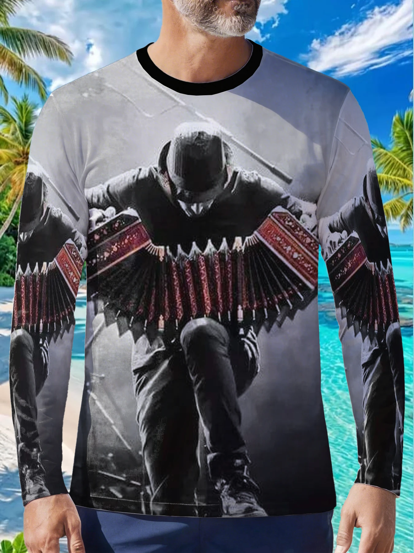 Vintage Musical Instrument Bandoneon Player Concert Mens Polyester Long Sleeve T Shirt Dark Stage Musician Print Graphic Tee Cas