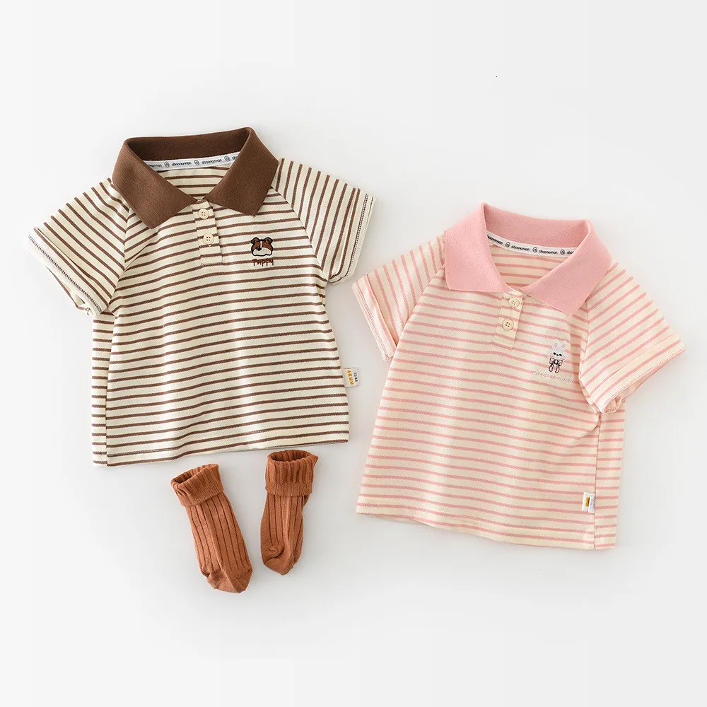 0-3 years old toddler clothes baby tops Cartoon embroidery Stripe pattern printed short sleeved T-shirt