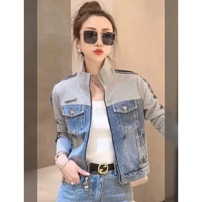 2024 New Spring Autumn Vintage patchwork Denim Jacket Women\'s Korean Slim zipper Short Standing Collar Long Sleeved Jeans Top