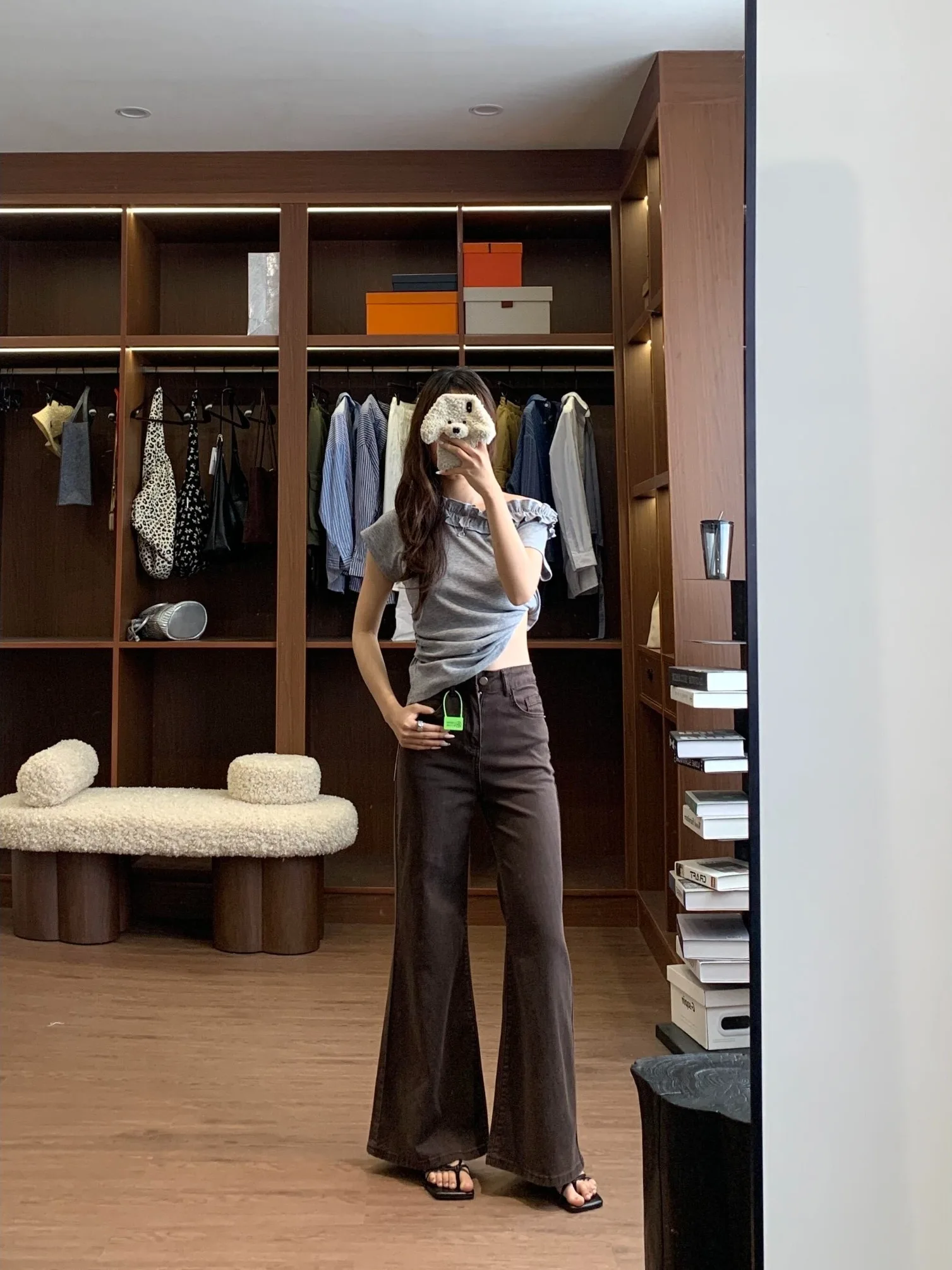 

Cafe Brown American High Street Fashion Jeans Women's Retro Low Waist Loose Not Legging Micro Flared Floor-Length Trendy Pants