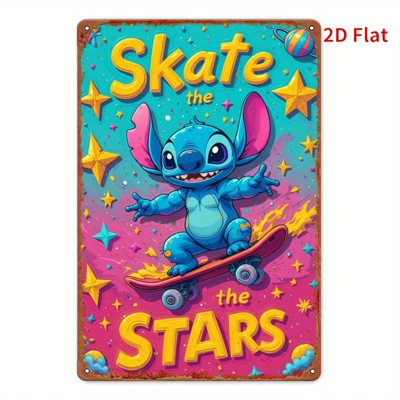 قطعة واحدة من ديكور فني جداري معدني من Stitch Skate the Stars - 20.32 × 30.48 سم تصميم كوني نابض بالحياة مع غرز ونجوم للتزلج، داخلي