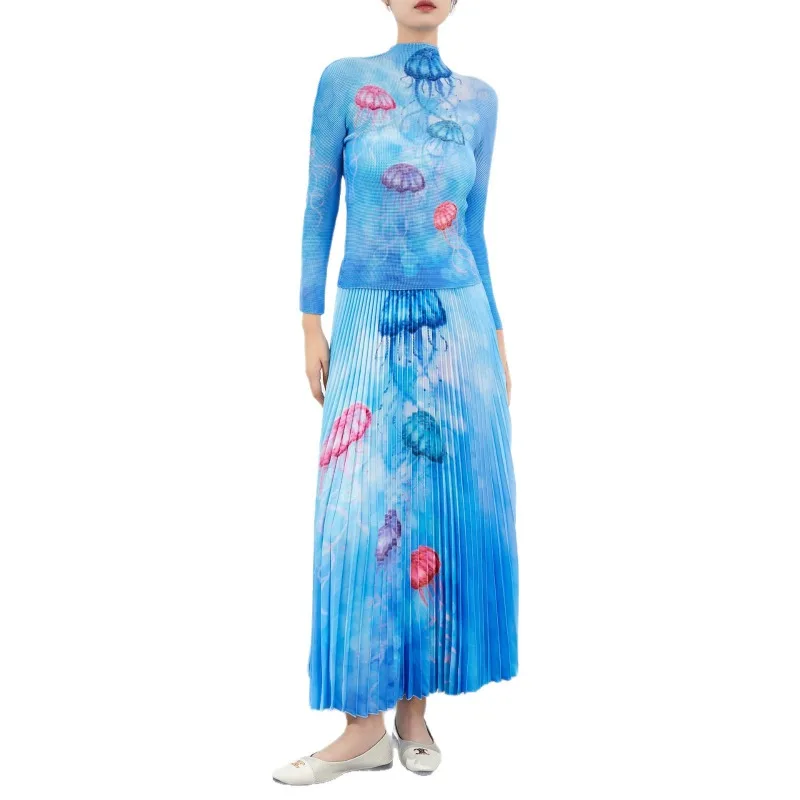 Miyake Pleated 2026 Spring and Autumn New Pleated Women's Suit Slim Fit Top Printed Skirt High-end Versatile Two-piece Set Pleat