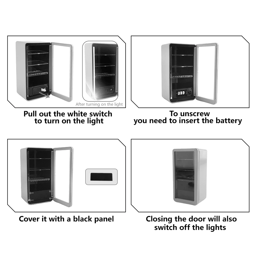 ثلاجة سوبر ماركت لبيت الدمى محاكاة 4 ألوان ثلاجة صغيرة مع ضوء 1:12 نموذج أثاث لعبة مطبخ مصغرة