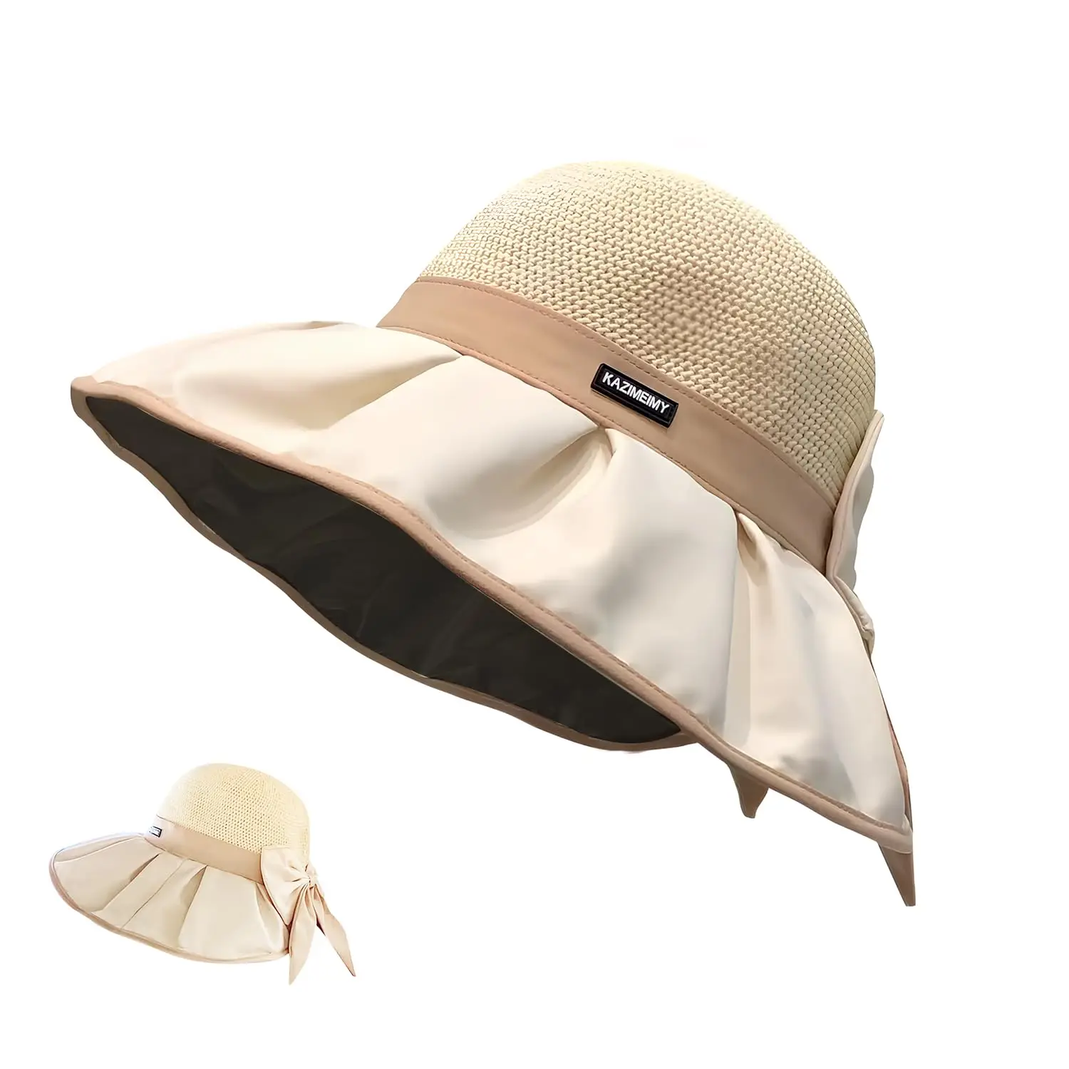Damen UK Beige faltbarer Stroh-Sonnenhut – breite Krempe mit Schleife, UPF 50+ Sonnenschutz, leicht für Sommerreisen/Strand/Outdoor