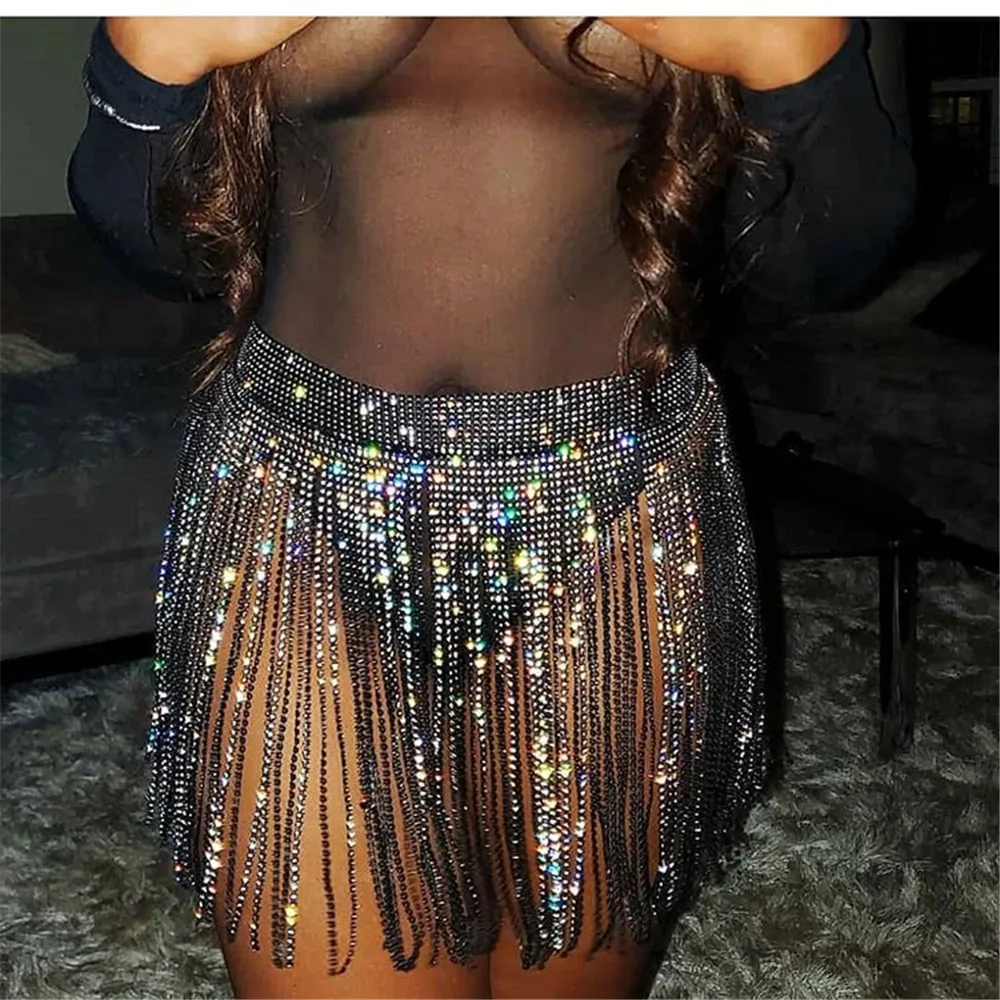 Sexy Women Summer Beach Bikini Mini Skirt Glitter Rhinestone Clothing Long Tassel Skirts Crystal Diamonds Adjustable