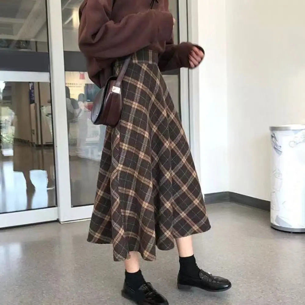 Falda a cuadros Retro elegante de cintura alta, falda larga clásica ajustada de cintura alta, estilo Preppy, medio vestido estético de corte a para mujer