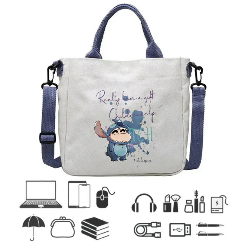 Kawaii Shin-chan & Stitch طباعة قماش حقيبة كتف قماش حمل حقيبة يد للجنسين غلق بمشبك حقيبة كروسبودي حقيبة تسوق