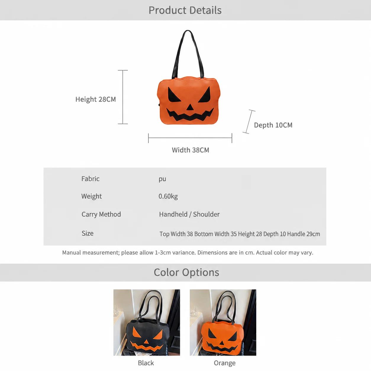Holiday Shoulder Bag Festive Jack-O'-Lantern Face Tote Bag Halloween Tote Bag Zipped For Hand Carry Shoulder Carry Daily Commute