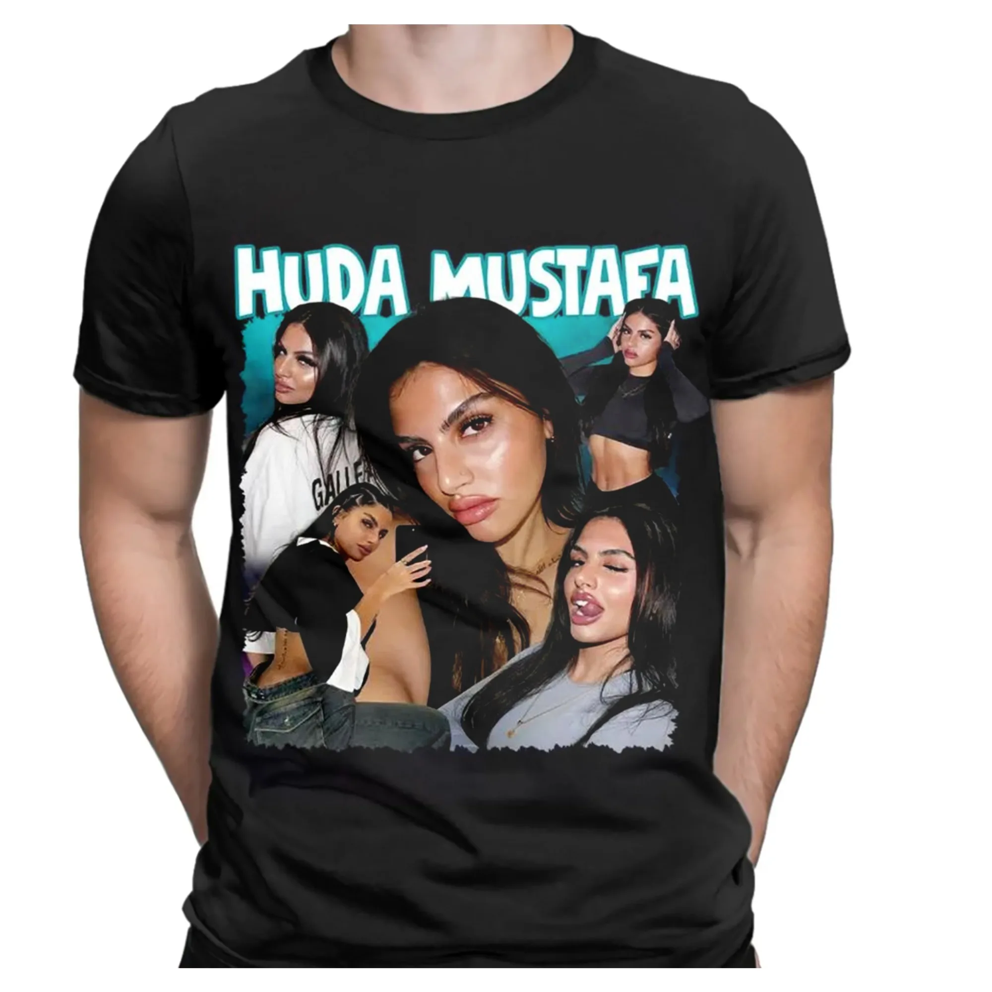 Vintage Huda Mustafa Graphic TShirt for Men Pure Cotton Crewneck Love Island Tv Show Short Sleeve Print for Fan Unseix Top