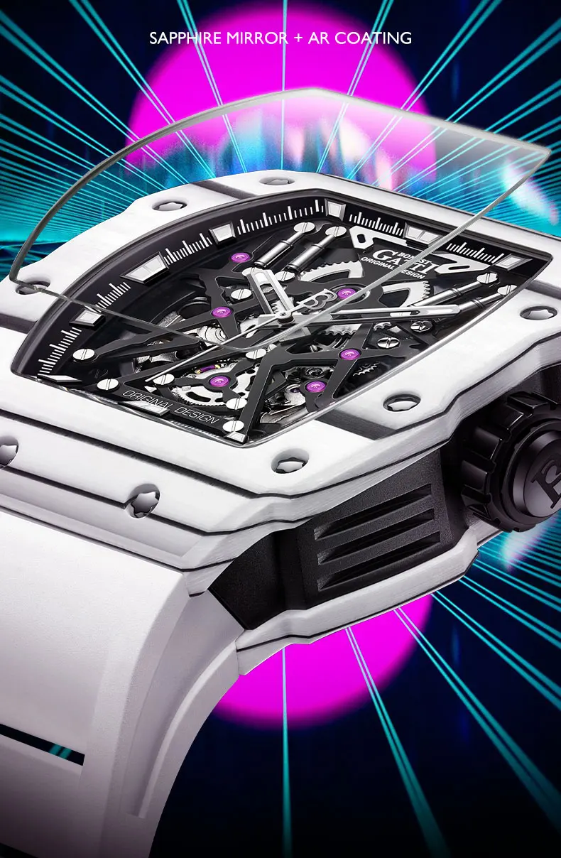 BONEST GATTI Men Automatic Watch 44*52mm Carbon Fiber Case Tonneau Mechanical Wristwatch Waterproof Sapphire Lume Skeleton Dial