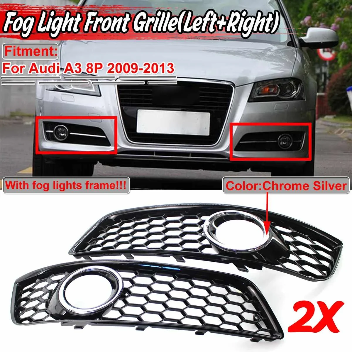 

New 2x Honeycomb Mesh Style Car Front Fog Light Cover Honeycomb Grille Grill For Audi A3 8P 2009-2013 8P0807682D 8P0807681D