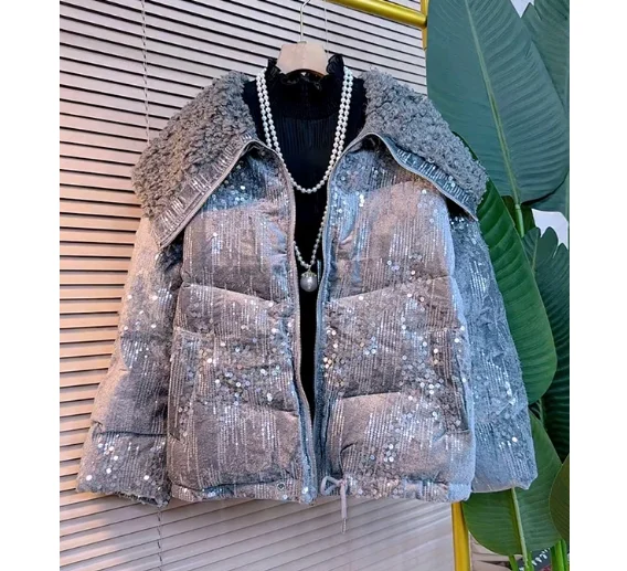 شتاء جديد كبير الحجم مطرزة المرأة الدافئة الفراء طوق سترة موضة تنوعا فضفاضة بسيطة سميكة الترفيه القطن معطف مبطّن #4