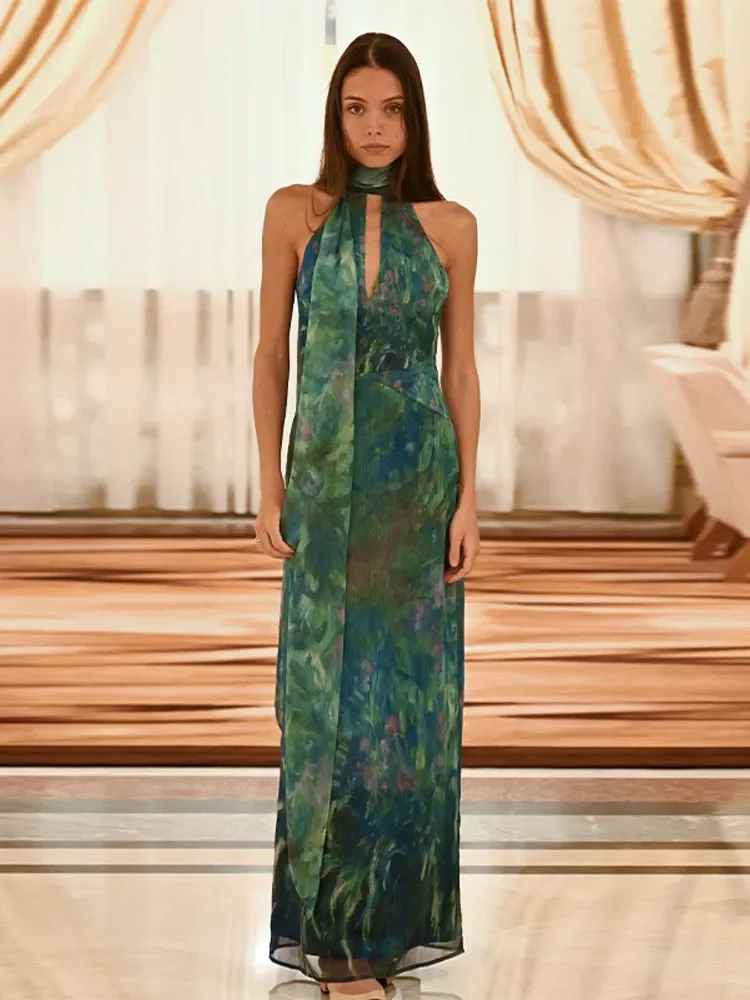 

Green Printed Halter Women Maxi Dress Chic Backless Sleeveless Hollow Out Bodycon Patchwork Robes New Summer Party Evening Gown