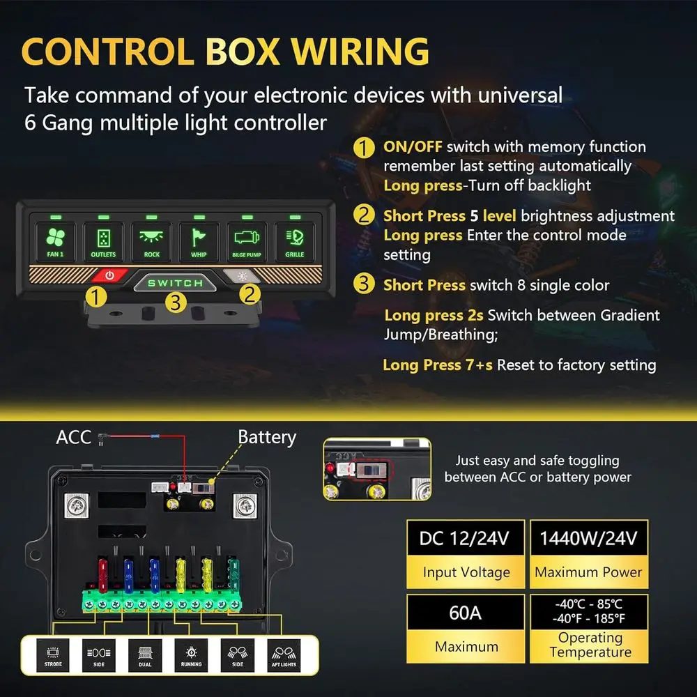 6-Gang-RGB-Schalttafel, 60 A, wasserdicht, Speicherfunktion, kippbar, kurzzeitig, gepulster Blitz, kompatibel mit UTV, ATV, Wohnmobil, Bus, Auto, LKW, Je