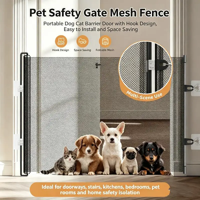 Retractable Dog Gate Mesh Screen Portable Pet Safety Barrier No Drill for Cats Stairs Doorways Home Yard