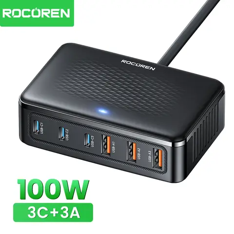 Rocoren USB Charger 100W GaN Charger 6-ports Desktop Fast Charging Type C Charger Portable Power Station For iPhone 17 16 Xiaomi